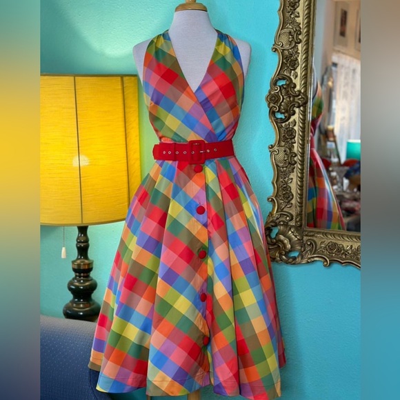 Unique Vintage Rainbow Madras Plaid Tarrytown Hostess Dress Sz L NWT - Picture 4 of 10